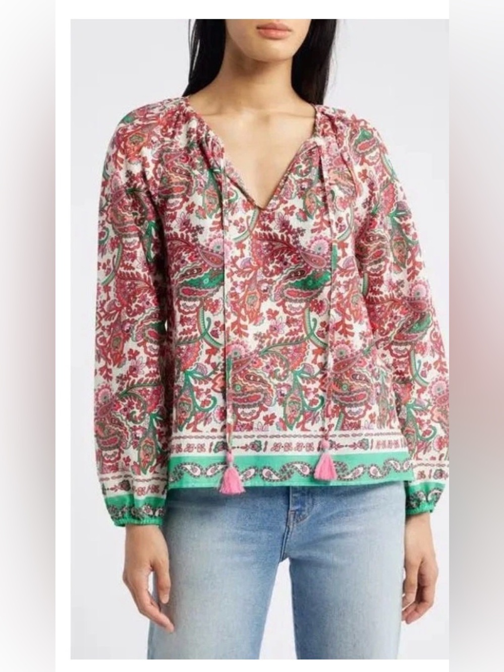 Boden Serena Paisley Print Cotton Split Neck Top peasant sz 20 22